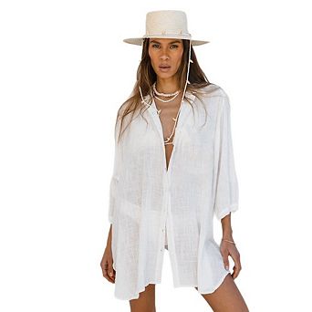 Women's Long Sleeve Button Down Shirt Cover Up Vacation Beach Solid Color Blouse