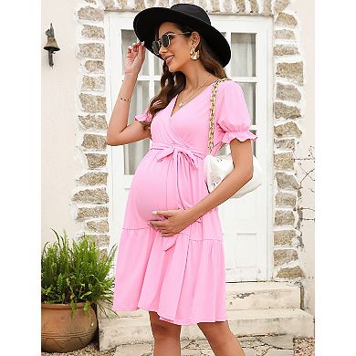 Women's Maternity V-Neck Short Sleeve Tie Waist Midi Dress