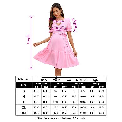 Women's Maternity V-Neck Short Sleeve Tie Waist Midi Dress