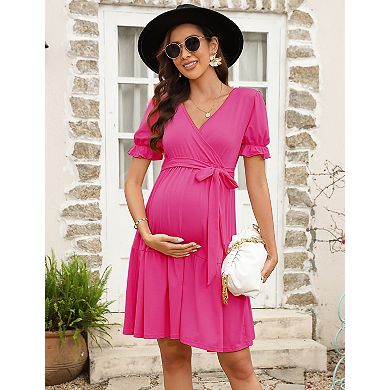 Women's Maternity V-Neck Short Sleeve Tie Waist Midi Dress
