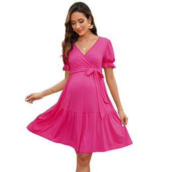 Women's Maternity V-Neck Short Sleeve Tie Waist Midi Dress