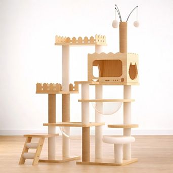 Heybly 67 in Wooden Cat Tree Tower with Sisal Scratching Posts, Top Perch and Acrylic Hammock Cat