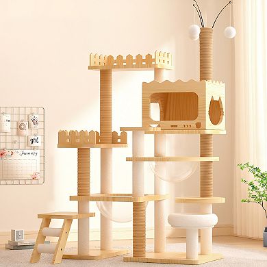 Heybly 67 In Wooden Cat Tree Tower with Sisal Scratching Posts, Top Perch and Acrylic Hammock Cat