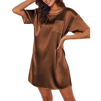 Ekouaer Sleep Shirts for Women Satin Nightshirt Tshirt Nightgown Sleepwear Shirt Dress With Pocket
