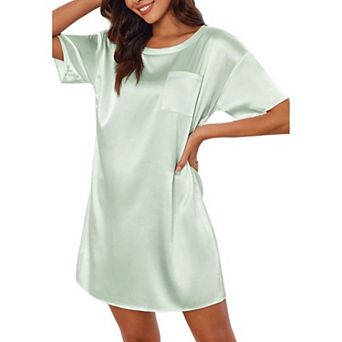 Ekouaer Sleep Shirts for Women Satin Nightshirt Tshirt Nightgown Sleepwear Shirt Dress With Pocket