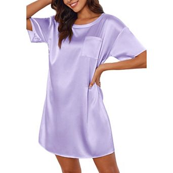 Ekouaer Sleep Shirts for Women Satin Nightshirt Tshirt Nightgown Sleepwear Shirt Dress With Pocket