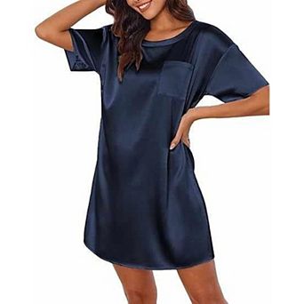 Ekouaer Sleep Shirts for Women Satin Nightshirt Tshirt Nightgown Sleepwear Shirt Dress With Pocket