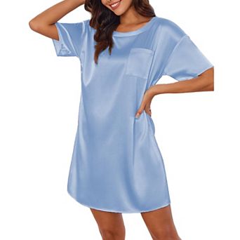 Ekouaer Sleep Shirts for Women Satin Nightshirt Tshirt Nightgown Sleepwear Shirt Dress With Pocket