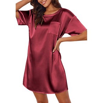 Ekouaer Sleep Shirts for Women Satin Nightshirt Tshirt Nightgown Sleepwear Shirt Dress With Pocket