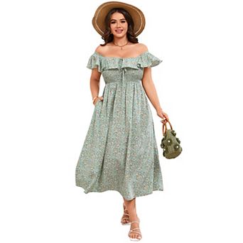 Women's Plus Size Square Neck Ruffled Midi Dress with Pockets