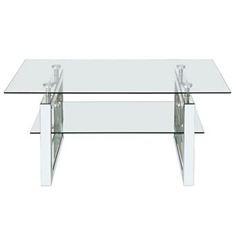 Mirrored Glass Coffee Table with Metal Legs and Two Storage Layers