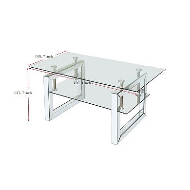 Mirrored Glass Coffee Table with Metal Legs and Two Storage Layers