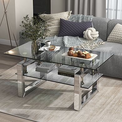 Mirrored Glass Coffee Table with Metal Legs and Two Storage Layers