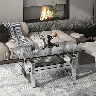 Mirrored Glass Coffee Table with Metal Legs and Two Storage Layers