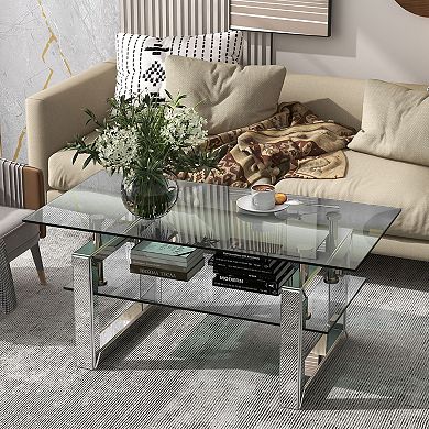 Mirrored Glass Coffee Table with Metal Legs and Two Storage Layers