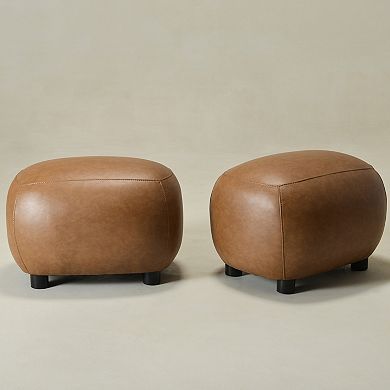 PU Faux Leather Upholstered Footrest Round Ottoman Set of 2