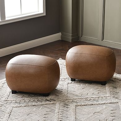 PU Faux Leather Upholstered Footrest Round Ottoman Set of 2