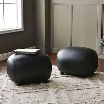 PU Faux Leather Upholstered Footrest Round Ottoman Set of 2