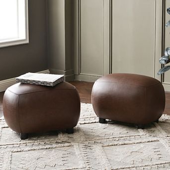 PU Faux Leather Upholstered Footrest Round Ottoman Set of 2