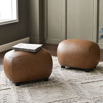 PU Faux Leather Upholstered Footrest Round Ottoman Set of 2
