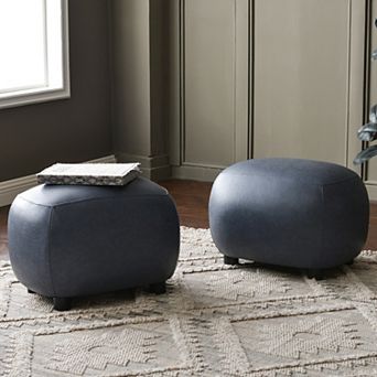 PU Faux Leather Upholstered Footrest Round Ottoman Set of 2