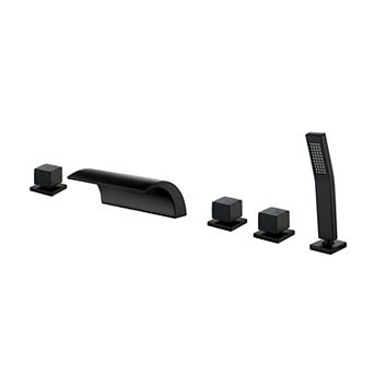 3-Handle Tub Deck Mounted Roman Tub Faucet with Hand Shower, Stainless Steel High Arc Tub Facuet