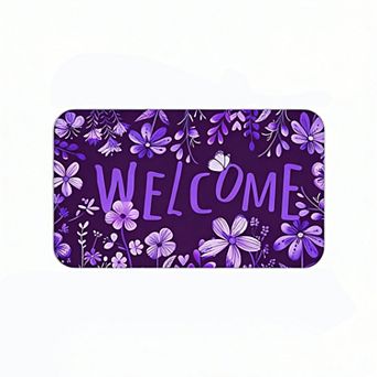 Purple Flower Welcome Logo Floor Mat, Non-Slip Entryway Decorative Doormat