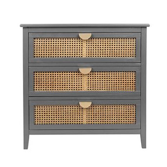 Rattan 3 Drawer Dresser Natural Wood Chest of Drawers for Bedroom and Living Room