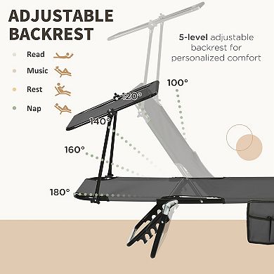 Folding Chaise Lounge Pool Chairs, Outdoor Sun Tanning Chairs with Canopy Shade for Beach Yard Patio