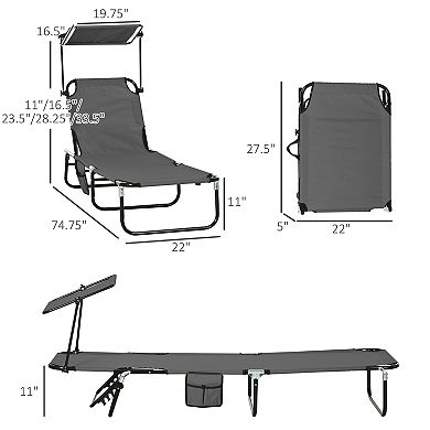 Folding Chaise Lounge Pool Chairs, Outdoor Sun Tanning Chairs with Canopy Shade for Beach Yard Patio