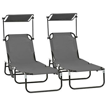 Folding Chaise Lounge Pool Chairs, Outdoor Sun Tanning Chairs with Canopy Shade for Beach Yard Patio