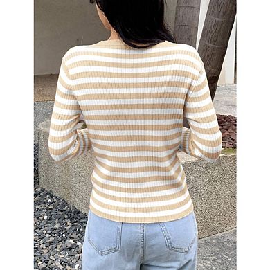 Women's Striped Cropped Cardigan Knit Shrugs V Neck Button Down Cardigans Sweaters