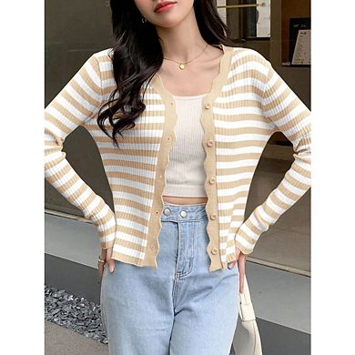 Women's Striped Cropped Cardigan Knit Shrugs V Neck Button Down Cardigans Sweaters