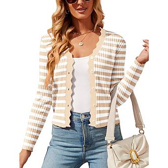 Women's Striped Cropped Cardigan Knit Shrugs V Neck Button Down Cardigans Sweaters