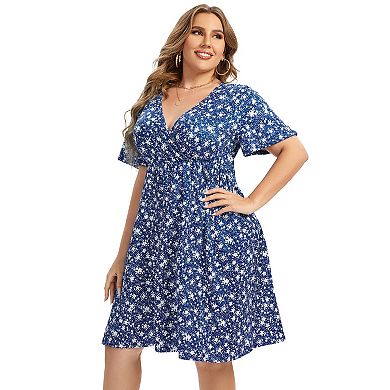 Women's Plus Size V-Neck Floral Print Dress with Side Pockets