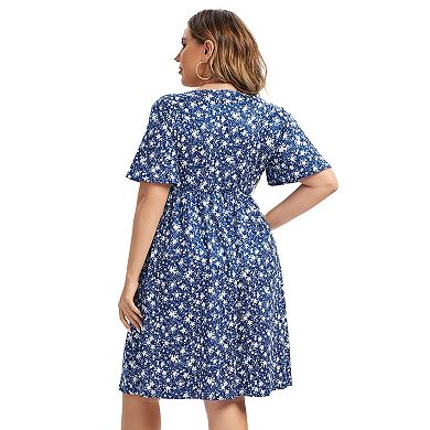 Women's Plus Size V-Neck Floral Print Dress with Side Pockets