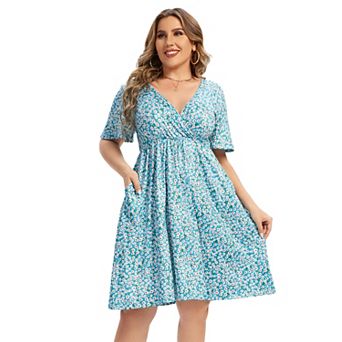 Women's Plus Size V-Neck Floral Print Dress with Side Pockets