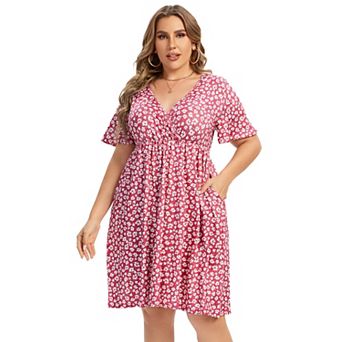 Women's Plus Size V-Neck Floral Print Dress with Side Pockets