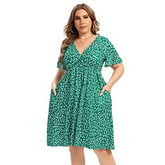 Women's Plus Size V-Neck Floral Print Dress with Side Pockets