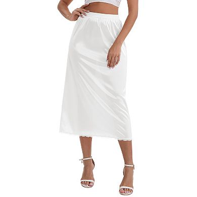 2 Packs Women's Satin Lace Trim Flared Hem Half Slip Relaxed Fit Lightweight Solid Maxi Petticoat