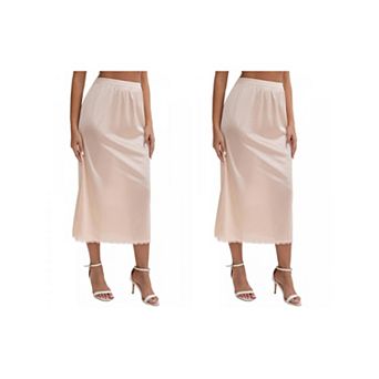 2 Packs Women's Satin Lace Trim Flared Hem Half Slip Relaxed Fit Lightweight Solid Maxi Petticoat