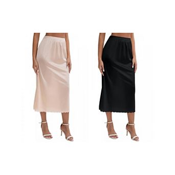 2 Packs Women's Satin Lace Trim Flared Hem Half Slip Relaxed Fit Lightweight Solid Maxi Petticoat