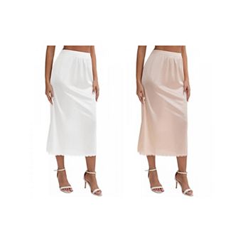 2 Packs Women's Satin Lace Trim Flared Hem Half Slip Relaxed Fit Lightweight Solid Maxi Petticoat