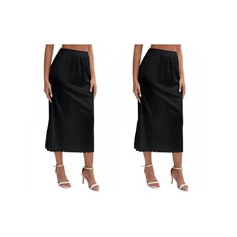 2 Packs Women's Satin Lace Trim Flared Hem Half Slip Relaxed Fit Lightweight Solid Maxi Petticoat
