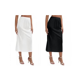 2 Packs Women's Satin Lace Trim Flared Hem Half Slip Relaxed Fit Lightweight Solid Maxi Petticoat