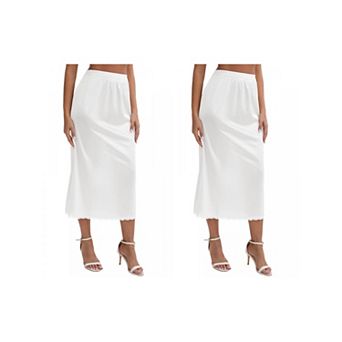2 Packs Women's Satin Lace Trim Flared Hem Half Slip Relaxed Fit Lightweight Solid Maxi Petticoat