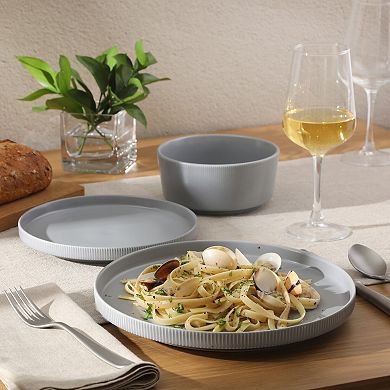 Gibson Home Dempsey Road 12-Piece Stoneware Modern Embossed Plates and Bowls Dinnerware Set