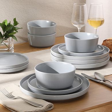 Gibson Home Dempsey Road 12-Piece Stoneware Modern Embossed Plates and Bowls Dinnerware Set
