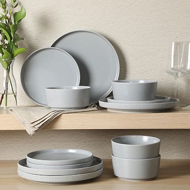 Gibson Home Dempsey Road 12-Piece Stoneware Modern Embossed Plates and Bowls Dinnerware Set