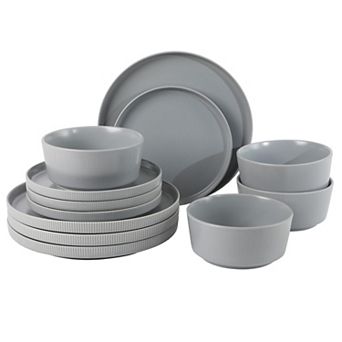 Gibson Home Dempsey Road 12 pc Stoneware Modern Embossed Plates and Bowls Dinnerware Set